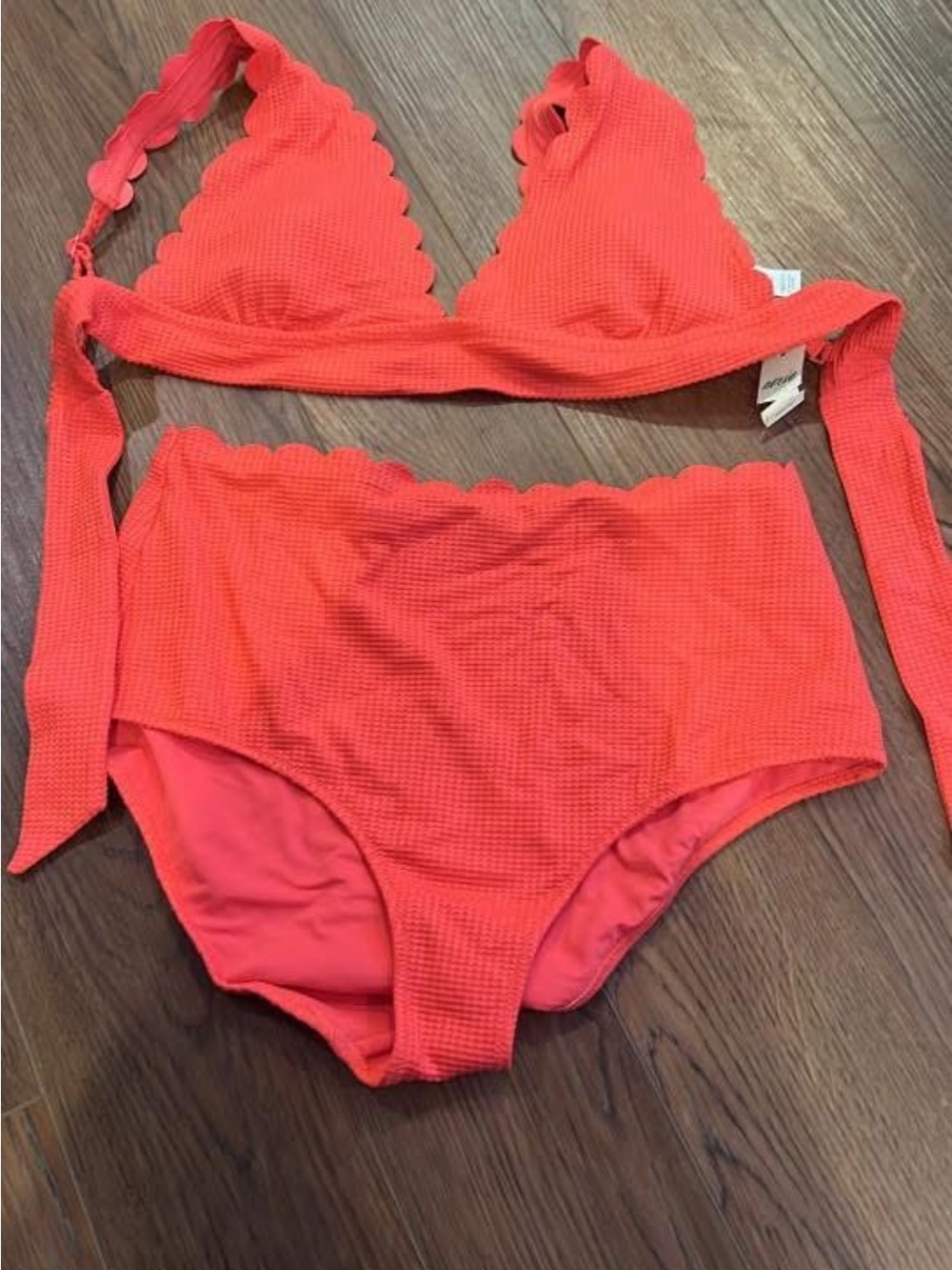 aerie Coral Scalloped High-Waist Bikini Set